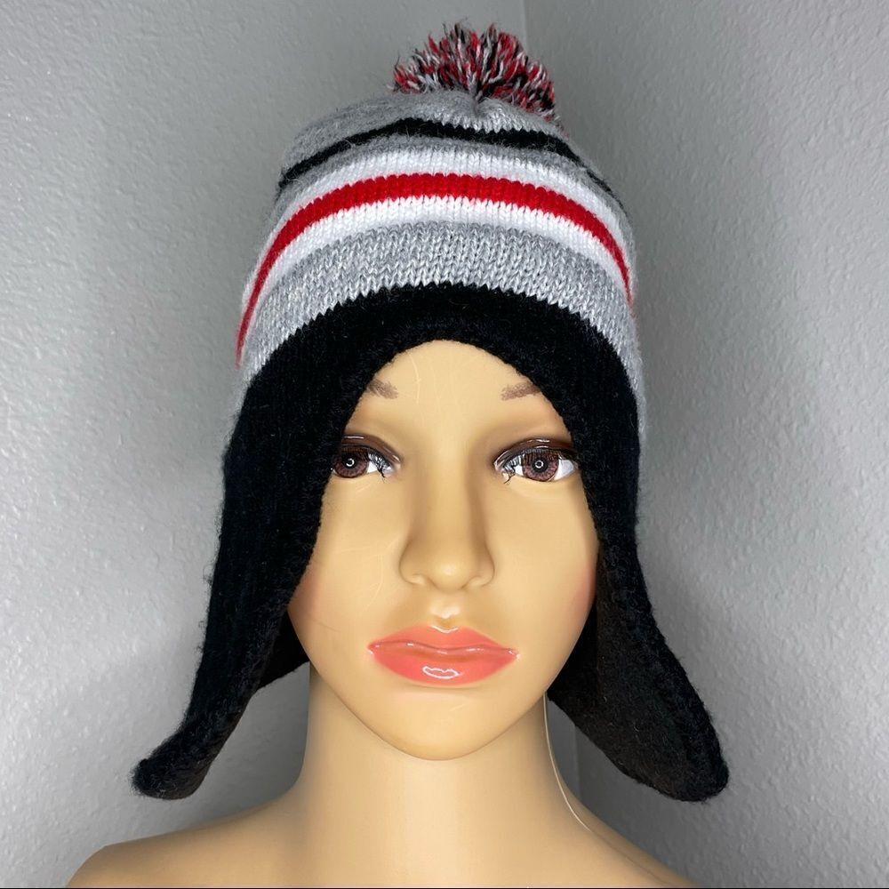 Kids Striped Knitted Beanie With Pom Pom and Ear Flap Black White Red Gray